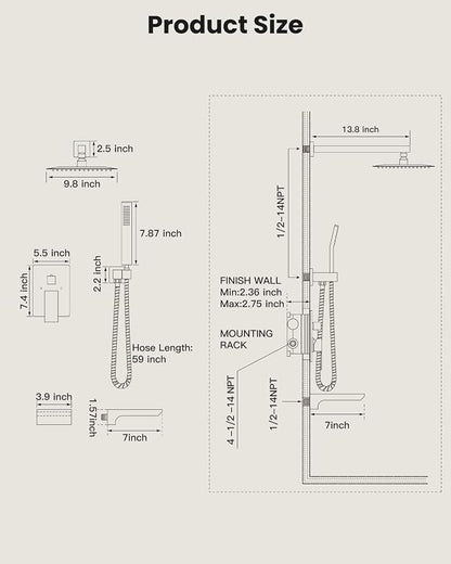 gotonovo Tub Shower Faucet Set with Valve 10'' Rain Head,Polished Chrome | Waterfall Tub Spout Shower System,Bathtub Faucet Set,SUS304 Rain Head with Handheld,Brass Valve Trim Kit,All Metal,Wall Mount