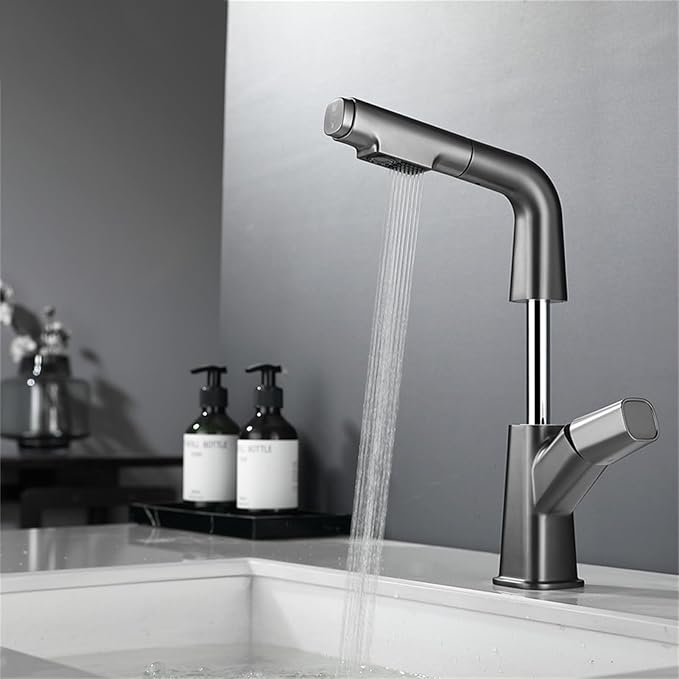 Modern Brushed Gold Bathroom Faucet for Sink Single Handle Lavatory Faucet with Pull and Lift Design Stylish Vanity Faucet for 1 Hole Bathroom Sink，Grey