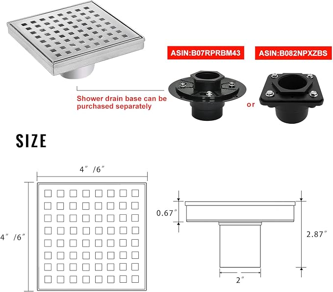 SaniteModar Square Shower Drain 6 inch Brushed with Square Hole Cover | 304 Stainless Steel Brushed Shower Drain with Hair Catcher and Threaded Adapter