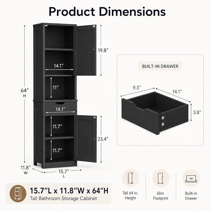 Walsunny Tall Bathroom Storage Cabinet with 6 Adjustable Shelves, Black | Anti-Tip Safety, Waterproof MDF, 2 Doors + 1 Drawer, Easy Assembly, for Bathroom/Living Room/Kitchen