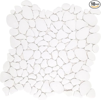 SUNWINGS 10-Sheet Pebble Tile for Shower Floor Border Kitchen Bathroom Backsplash, White Recycled Glass Marble Stone Looks Wall and Floor Tile, Covers 7.9 Sq. Ft
