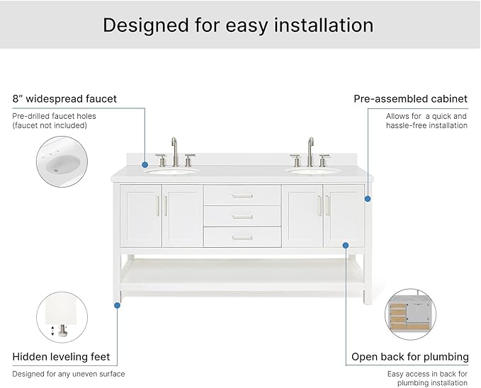 ARIEL Magnolia 72-inch Bathroom Vanity with Sink,Solid Wood, 1.5-inch Pure White Quartz Countertop & Backsplash, Double Rectangular Porcelain Sink, 4 Soft Closing Doors, 3 Dovetail Drawers, White
