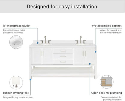 ARIEL Magnolia 72-inch Bathroom Vanity with Sink,Solid Wood, 1.5-inch Pure White Quartz Countertop & Backsplash, Double Rectangular Porcelain Sink, 4 Soft Closing Doors, 3 Dovetail Drawers, White