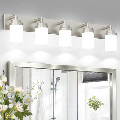 Bathroom Light Fixtures, Brushed Nickel Bathroom Lighting Fixtures Over Mirror, Modern Vanity Light with White Glass Shade, Restroom Lighting Fixtures, 5-Light 36-inch