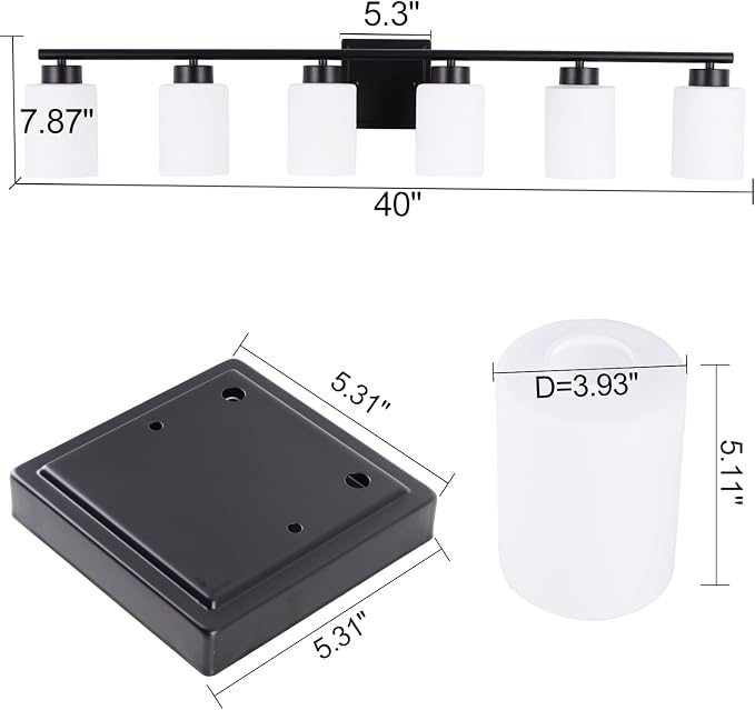 6 Light Bathroom Light Fixtures, 40 Inches Vanity Lights for Mirror, Black Vanity Lighting Fixtures with Milky White Glass Shades