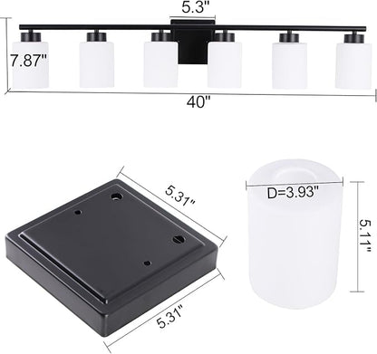 6 Light Bathroom Light Fixtures, 40 Inches Vanity Lights for Mirror, Black Vanity Lighting Fixtures with Milky White Glass Shades