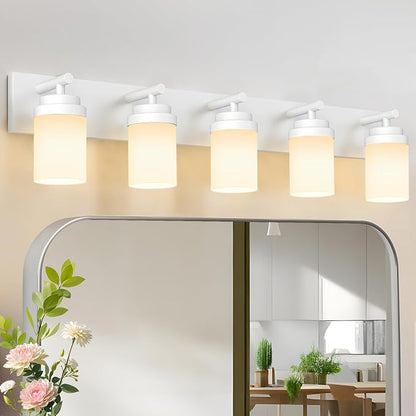 IZORRO Bathroom Vanity Light Fixture, 5-Light 36 Inch White Bathroom Light Fixtures Over Mirror, with White Glass Shade, Modern Farmhouse Vanity Lights, Rustic Restroom Lighting Fixtures