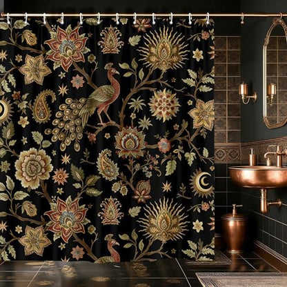 Boho Chic Black Floral Shower Curtain, Vintage Rustic Antique Victorian Peacock Paisley Farmhouse Shower Curtain Set, Witchy Aesthetic Retro Bath Curtains Bathroom Accessories with Hooks, 72 x 72