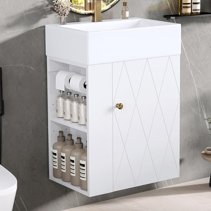 20" Floating Small Bathroom Vanity with Sink, Wall Mounted Vanity for Compact Bathrooms, Space-Saving Narrow Bathroom Vanities with Soft-Close Door Open Shelf Towel Bar (White,20" Floating Door)