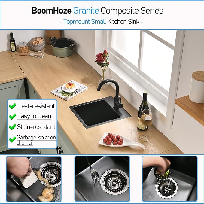 Black Drop In Bar Sink Quartz, 13x15 Inch | Granite Composite Quartz Small Kitchen Sink RV Wet Bar Topmount Single Bowl Kitchen Sink with Small Rubber Squeegee