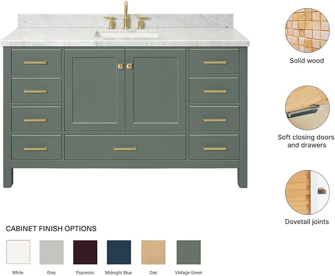 ARIEL Cambridge 60-inch Bathroom Vanity with Sink,Solid Wood, 1.5-inch Italian Carrara Marble Countertop, Single Rectangular Porcelain Sink, 2 Soft Closing Doors, 9 Dovetail Drawers, Vintage Green
