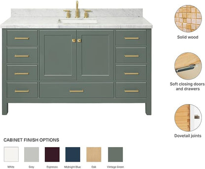 ARIEL Cambridge 60-inch Bathroom Vanity with Sink,Solid Wood, 1.5-inch Italian Carrara Marble Countertop, Single Rectangular Porcelain Sink, 2 Soft Closing Doors, 9 Dovetail Drawers, Vintage Green