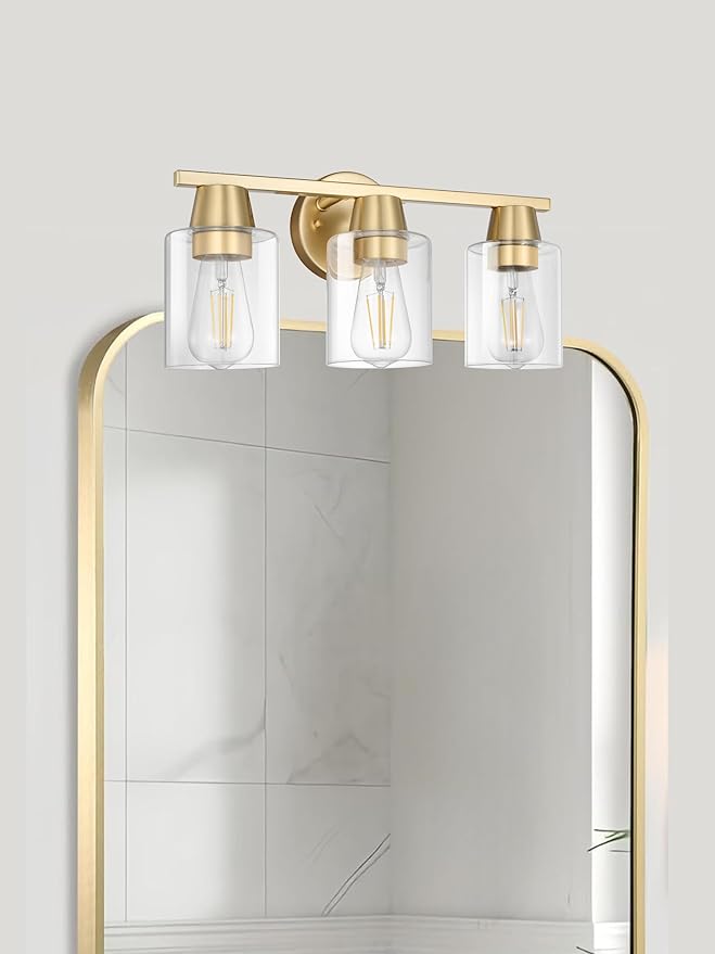 Modern Wall Sconces Lighting with Brass Finished Clear Glass Shade, Matte Gold 3 Vanity Light Over Mirror, Industrial Bathroom Light Fixtures for Living Room Hallway Kitchen Porch E26 Base
