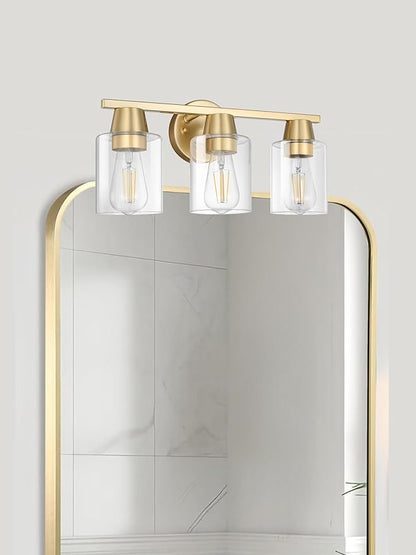 Modern Wall Sconces Lighting with Brass Finished Clear Glass Shade, Matte Gold 3 Vanity Light Over Mirror, Industrial Bathroom Light Fixtures for Living Room Hallway Kitchen Porch E26 Base