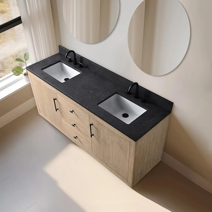 Vanity Art 72 inch Double Sink Bathroom Vanity, Vanity Cabinet with Doors and Shelf, Modern Wood Bathroom Vanity with White Marble Top, Solid Wood Frame, 3 Functioning Drawers,VA70-72-DLW-B