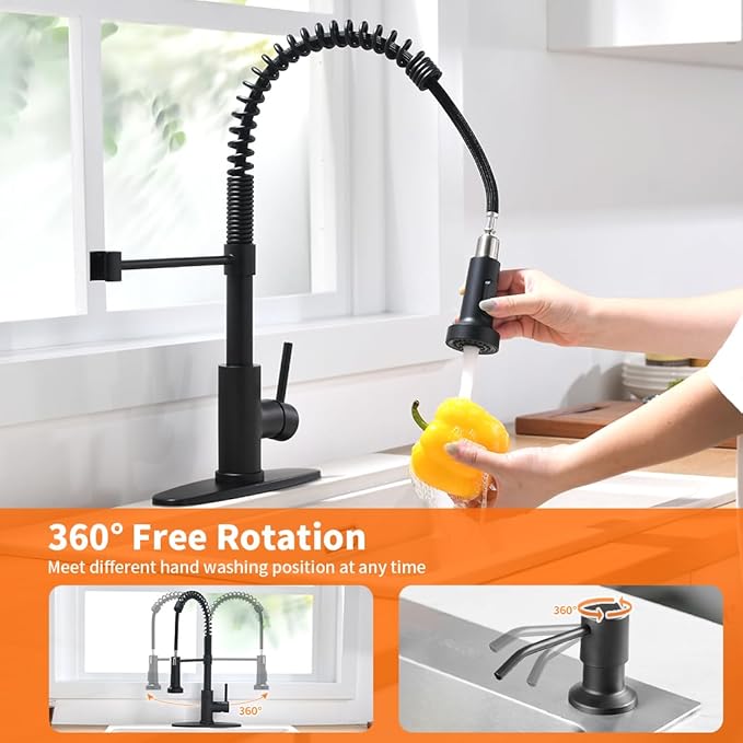 OWOFAN Kitchen Sink Faucet with Soap Dispenser Kitchen Faucet with Pull Down Sprayer Stainless Steel Single Handle High Arc Pull Out Black Faucet for Bar Laundry RV Utility Sink