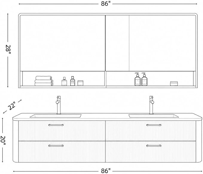 86 in Double Bathroom Vanity with Sinks - Modern Floating Bathroom Vanity with Solid Wood Cabinet, Anti-Fog Mirror and Integrated Stone Sinks | Wall Mounted Design | Ample Storage