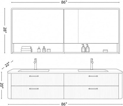 86 in Double Bathroom Vanity with Sinks - Modern Floating Bathroom Vanity with Solid Wood Cabinet, Anti-Fog Mirror and Integrated Stone Sinks | Wall Mounted Design | Ample Storage