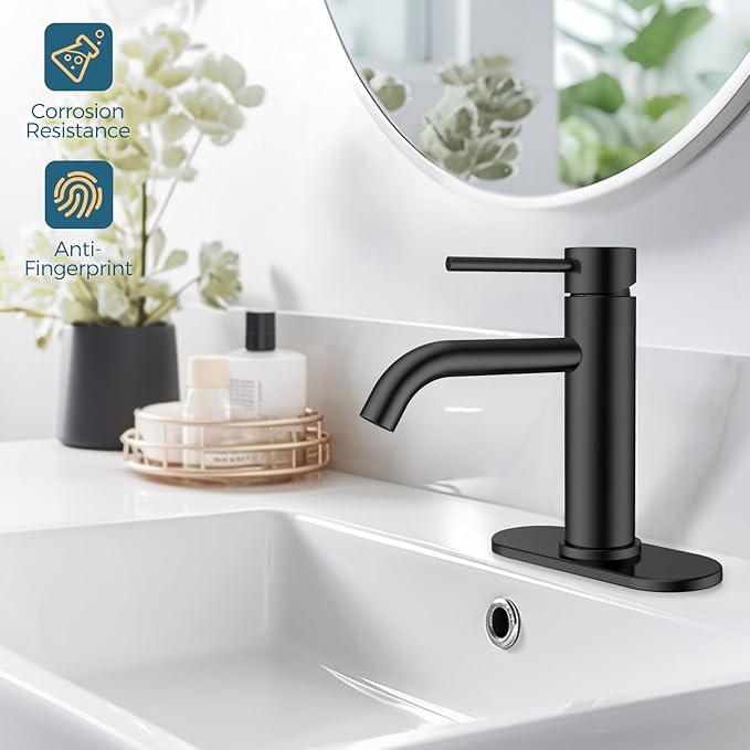 FORIOUS Matte Black Bathroom Faucets 1 Hole, Lead-Free, Bathroom Sink Faucet with Pop up Drain and Supply Hose for Sink, Vanity, RV, Lavatory, Suitable for 1 or 3 Holes