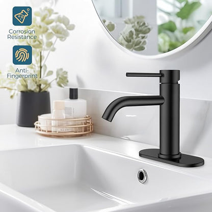 FORIOUS Matte Black Bathroom Faucets 1 Hole, Lead-Free, Bathroom Sink Faucet with Pop up Drain and Supply Hose for Sink, Vanity, RV, Lavatory, Suitable for 1 or 3 Holes