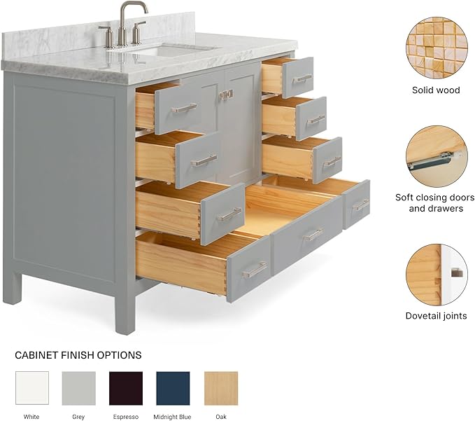 ARIEL Cambridge 54-inch Bathroom Vanity with Sink,Solid Wood, 1.5-inch Italian Carrara Marble Countertop, Single Rectangular Porcelain Sink, 2 Soft Closing Doors, 9 Dovetail Drawers, Grey