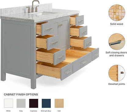 ARIEL Cambridge 54-inch Bathroom Vanity with Sink,Solid Wood, 1.5-inch Italian Carrara Marble Countertop, Single Rectangular Porcelain Sink, 2 Soft Closing Doors, 9 Dovetail Drawers, Grey