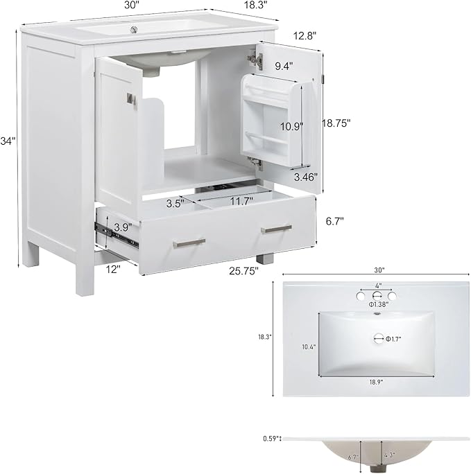 30" Freestanding Bathroom Vanity with Sink, Floor Stand Bathroom Storage Cabinet with Ceramic Sink, Doors with Double-Layered Storage Shelves, Modern Compact Vanity with Divided Drawer, White