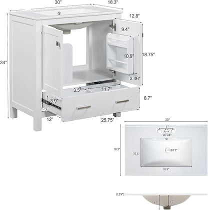 30" Freestanding Bathroom Vanity with Sink, Floor Stand Bathroom Storage Cabinet with Ceramic Sink, Doors with Double-Layered Storage Shelves, Modern Compact Vanity with Divided Drawer, White