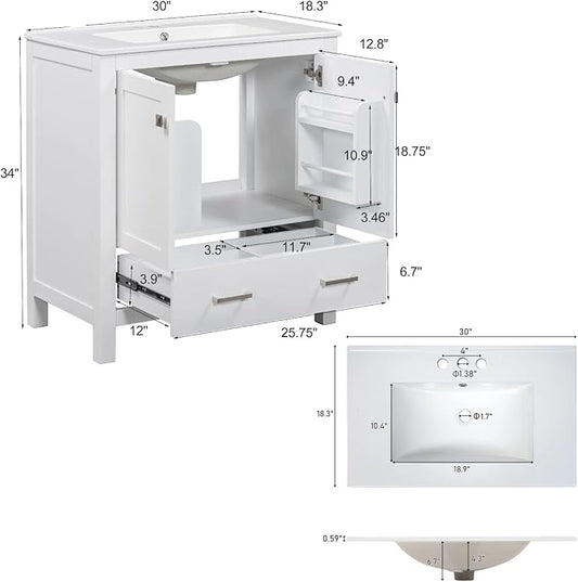 30" Freestanding Bathroom Vanity with Sink, Floor Stand Bathroom Storage Cabinet with Ceramic Sink, Doors with Double-Layered Storage Shelves, Modern Compact Vanity with Divided Drawer, White