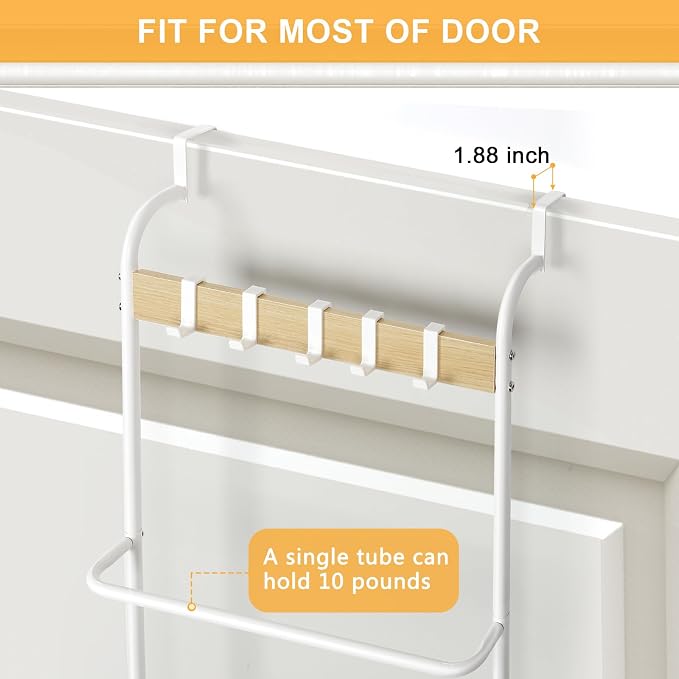 Over The Door Towel Rack 5 Tier Towel Door Hanger for Bathroom Over The Door Towel Bar Hanger with Hooks Back of Door Towel Rod Organizer for Clothes Hand Towels (White and Wood)