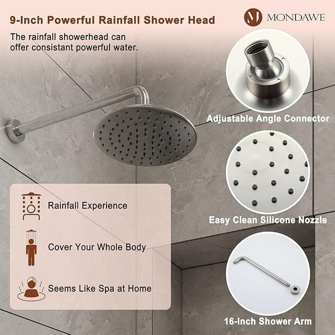 MONDAWE 9 Inch Wall Mounted Shower Faucet Set in Brushed Nickel, Rainfall Shower Head with 3-Setting Handheld Spray Shower Set Combo, High Pressure Shower System with Solid Brass Valve