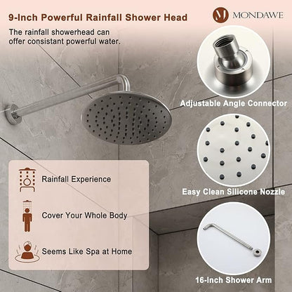 MONDAWE 9 Inch Wall Mounted Shower Faucet Set in Brushed Nickel, Rainfall Shower Head with 3-Setting Handheld Spray Shower Set Combo, High Pressure Shower System with Solid Brass Valve