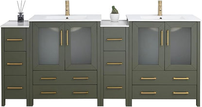 Vanity Art 84 Inch Under Mount Double Sink Bathroom Vanity Cabinet with 2 Mirrors, Ceramic Top Bathroom Cabinet Compact Set with 10 Dovetail Storage Drawers and Golden Brushed Handles, VA3030-84-VG