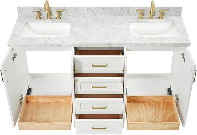 Emilia 66" White Double Bathroom Vanity, 1.5" Edge Italian Carrara Marble Countertop, Rectangular Sinks, 4 Soft Closing Doors, 6 Full Extension Dovetail Drawers, Satin Brass