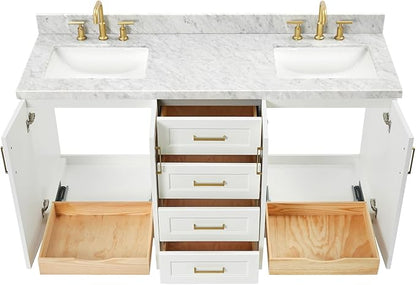 Emilia 66" White Double Bathroom Vanity, 1.5" Edge Italian Carrara Marble Countertop, Rectangular Sinks, 4 Soft Closing Doors, 6 Full Extension Dovetail Drawers, Satin Brass