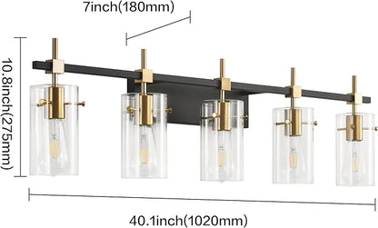 SOLFART 40.1 inch Vintage Brass Bathroom Vanity Light fixtures Bathroom Wall Lights Over Mirror with Glass Shade 5 Light