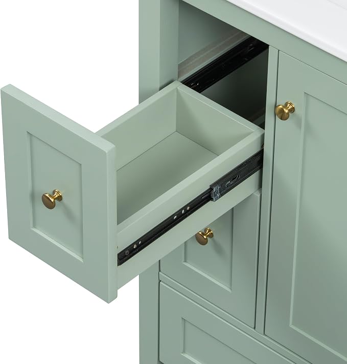 24" Bathroom Vanity with Ceramic Sink,Undermount Single Basin Bath Vanity Set w/3 Drawers and Adjustable Shelf,Modern Freestanding Storage Cabinet,MDF & Rubberwood,Green