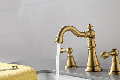 Two Handle Bathroom Sink Faucet 3 Hole Brushed Gold with Pop up Drain,High Arc Lavatory 8 Inch Widespread Bathroom Faucet, F-8805-BG