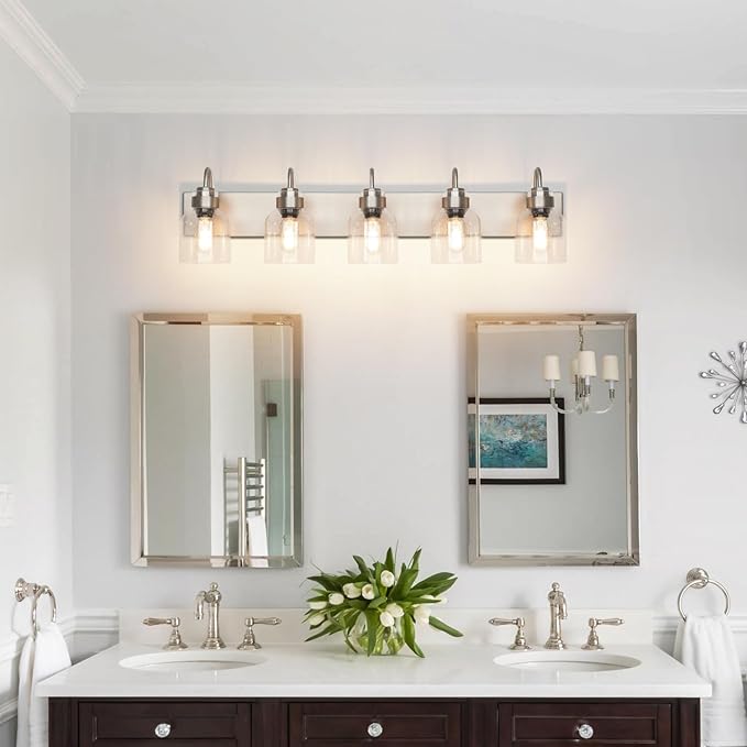 PRESDE 5 Light Bathroom Vanity Light Fixture Over Mirror Vintage Brushed Nickel Vanity Light for Bathroom with Bubble Glass Shades