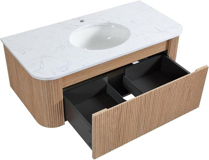 42 Inch Wall Mounted Bathroom Vanity with Ceramic Sink, Pre-Assembled Floating Vanity Cabinet with Cararra Artificial Countertop, Wave Texture Finish & Drawer, Wood