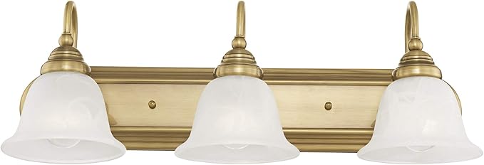 Livex Lighting 1003-01 Bath Vanity with White Alabaster Glass Shades, Antique Brass, 24 x 8.5 x 8.5