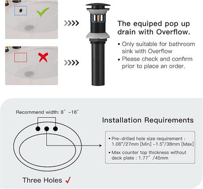 BWE Widespread Bathroom Faucet 3 Hole Black and Gold 8 Inch Two Handles Commercial Bathroom Sink Faucet with Brass Pop Up Drain Stopper and Supply Lines Bath Vanity Lavatory Mixer Tap