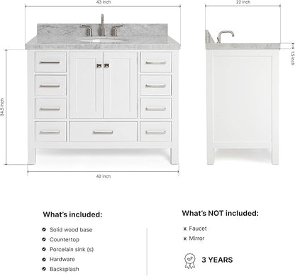 ARIEL Cambridge 42-inch Bathroom Vanity with Sink,Solid Wood, 1.5-inch Italian Carrara Marble Countertop & Backsplash, Single Oval Porcelain Sink, 2 Soft Closing Doors, 9 Dovetail Drawers, White
