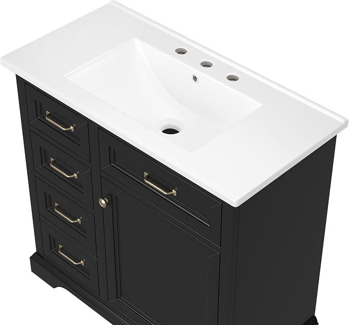 36" Bathroom Vanity with Ceramic Sink,Freestanding Storage Cabinet w/Soft-Close Door and 2 Tip-Out & 2 Drawers,Undermount Single Basin Bath Vanity Set w/Adjustable Shelf,Black