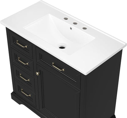 36" Bathroom Vanity with Ceramic Sink,Freestanding Storage Cabinet w/Soft-Close Door and 2 Tip-Out & 2 Drawers,Undermount Single Basin Bath Vanity Set w/Adjustable Shelf,Black
