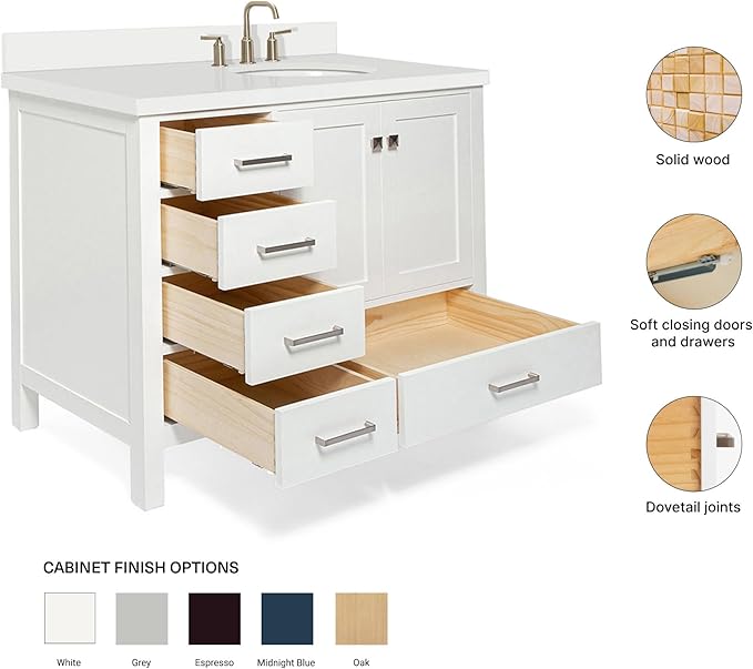ARIEL Cambridge 42-inch Bathroom Vanity with Sink,Solid Wood, 1.5-inch Pure White Quartz Countertop & Backsplash, Single Oval Porcelain Sink, 2 Soft Closing Doors, 5 Dovetail Drawers, White