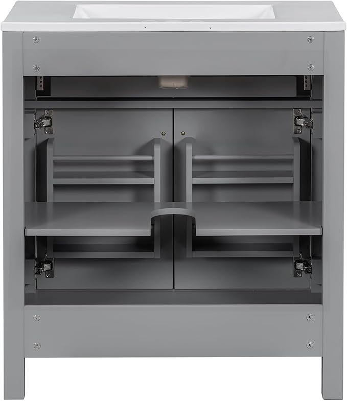 Favfurish 30" Bathroom Vanity with Ceramic Sink,Undermount Single Basin Vanity Set w/1 Flip-Out Drawer and 2 Soft-Close Doors & Adjustable Shelf,Freestanding Storage Cabinet,Solid Wood Frame,Gray
