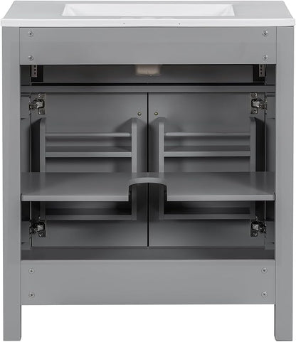 Favfurish 30" Bathroom Vanity with Ceramic Sink,Undermount Single Basin Vanity Set w/1 Flip-Out Drawer and 2 Soft-Close Doors & Adjustable Shelf,Freestanding Storage Cabinet,Solid Wood Frame,Gray