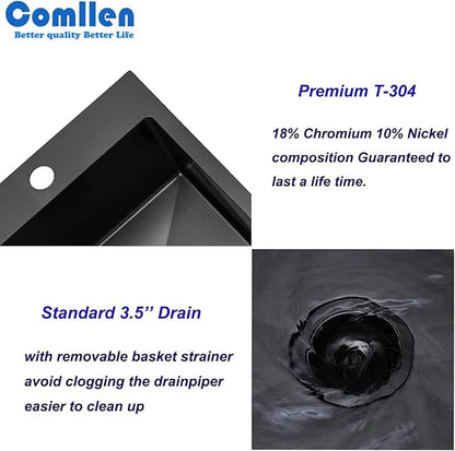 Comllen 15”x15” Black Drop In Bar Sink, Stainless Steel Small Kitchen Sink Single Bowl, Gunmetal Black Sinks for Outdoor Wet Bar Prep RV Yard Office Laundry Utility with Strainer Drain