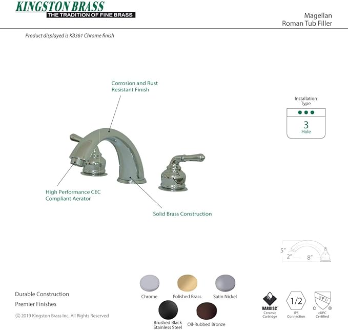 Kingston Brass KB368 Magellan Roman Tub Faucet, Brushed Nickel,8-Inch Adjustable Center